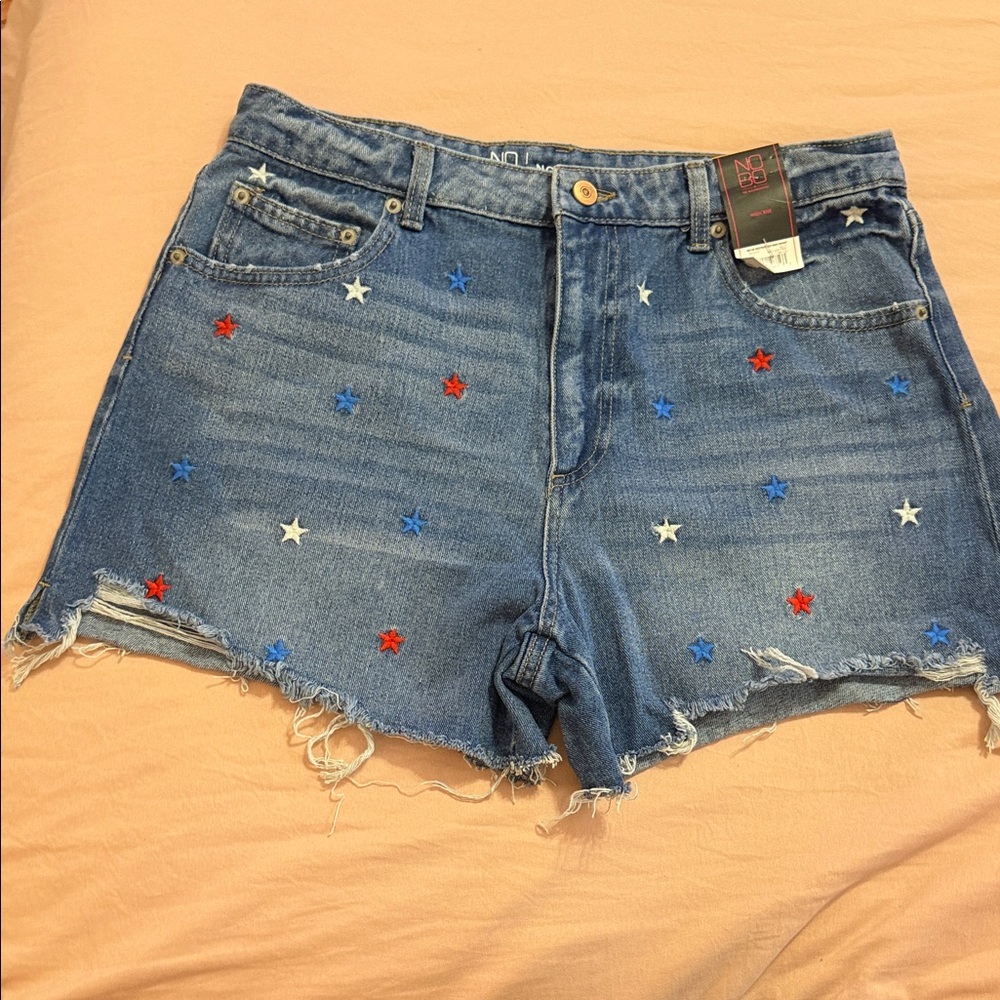 Red white and blue denim shorts